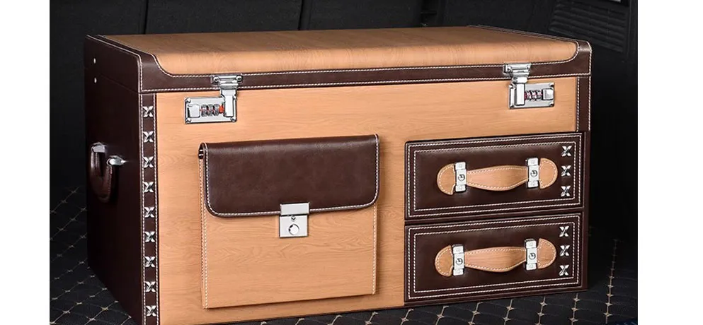 Wood Grain Leather Car Interior Storage Box with Foldable Wine Holder