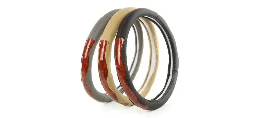 Wood Grain Genuine Leather Steering Wheel Cover - Black Yellow