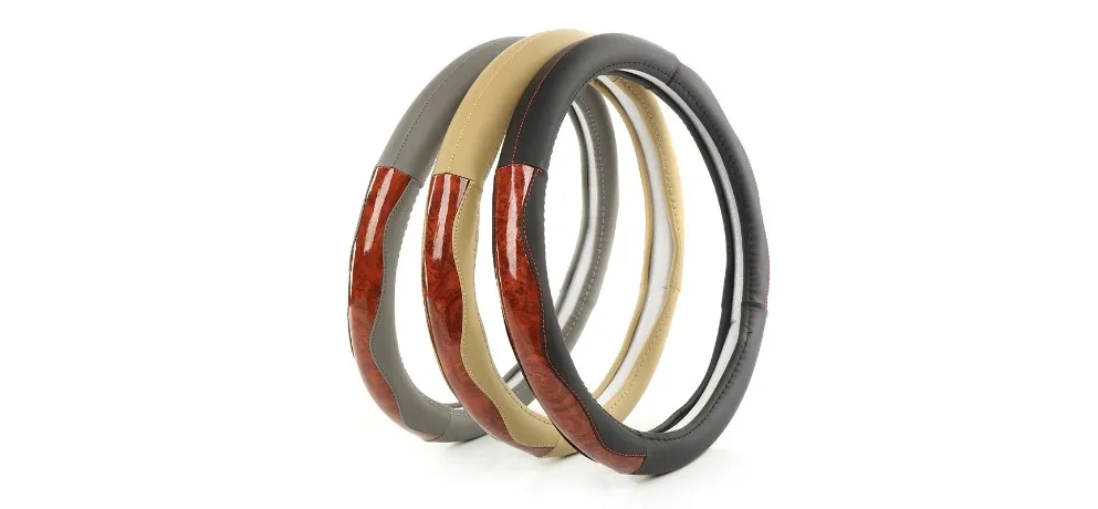 Wood Grain Genuine Leather Steering Wheel Cover - Black Yellow