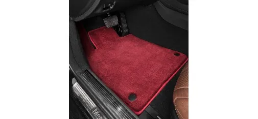 Mercedes-Benz Wine Red Carpet Floor Mat Real Shot Front with Red Edge