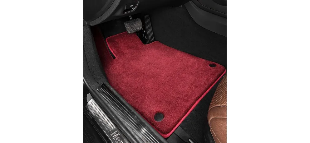 Mercedes-Benz Wine Red Carpet Floor Mat Real Shot Front with Red Edge